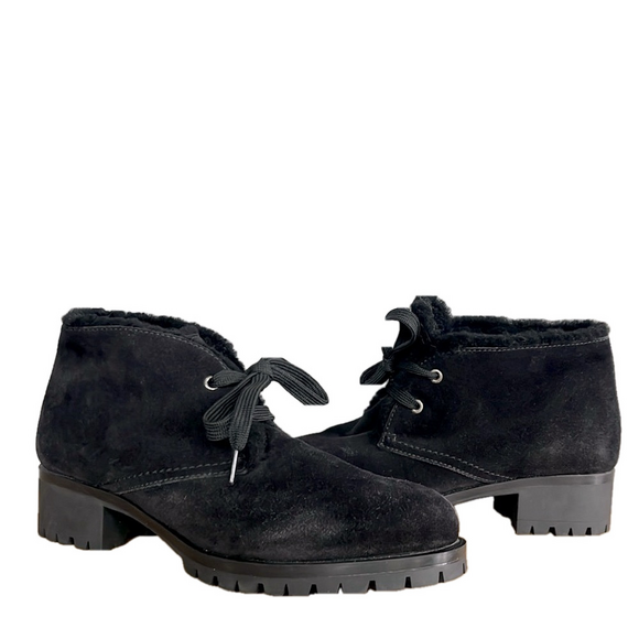 PRADA Black Suede Lace-up Chukka Shearling Lined Lug Sole Boot - Picture 1 of 9